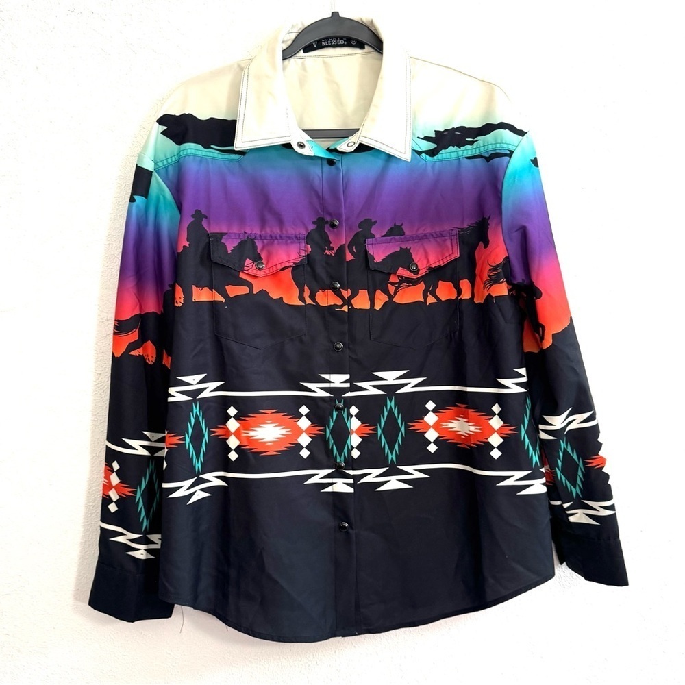 Lucky & Blessed Southwestern Print Button Up Shirt Size Medium